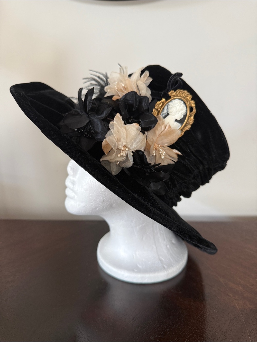 Vintage Hooray Henri Black Velvet Hat with Floral Accents and Gold Cameo